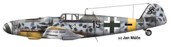 Bf 109 G-6, Lt. Walter Wolfrum, Jagdgeschwader 52, II. Gruppe, 5. Staffel, Deutschland, schwarze 15, W.Nr. 411 777, Das Flugzeug ging am 15.04.1944 nach einem Luftkampf mit Schlachtflugzeugen v…