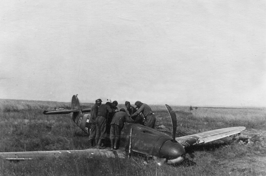 Bf 109 F, Jagdgeschwader 51, II. Gruppe, Deutschland, Am Rumpfende, hinter dem gelben Rumpfband, sieht man das Gruppenzeichen der I…