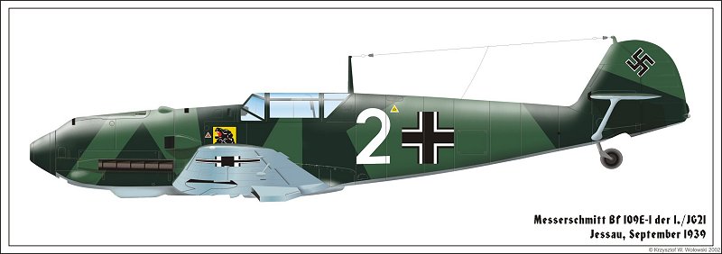 Bf 109 E-1, Jagdgeschwader 76, I. Gruppe, 1. Staffel, Deutschland, weisse 2, Text im Profil ist falsch.

September 1939, in Ottmütz/Schlesien.