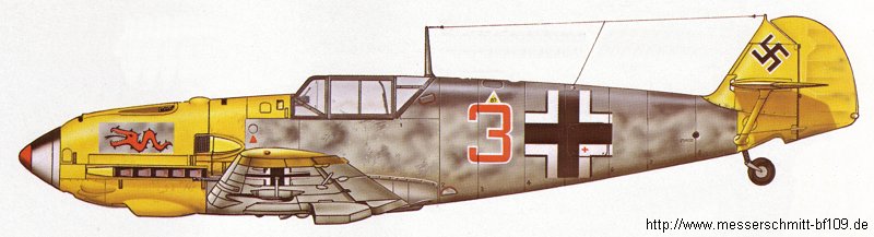 Bf 109 E-4, Jagdgeschwader 3, I. Gruppe, 2. Staffel, Deutschland, rote 3, Kanalfront, Herbst 1940
Das Leitwerk ist komplett gelb Lackiert.