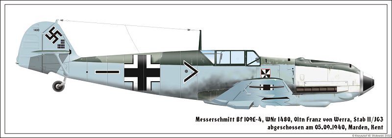 Bf 109 E-4, Oblt. Franz von Werra, Jagdgeschwader 3, II. Gruppe, Stab, Deutschland, Winkel, W.Nr. 1 480, Oblt. Franz von Werra wurde am 5. September 1940 bei Marden, Kent (England) a…