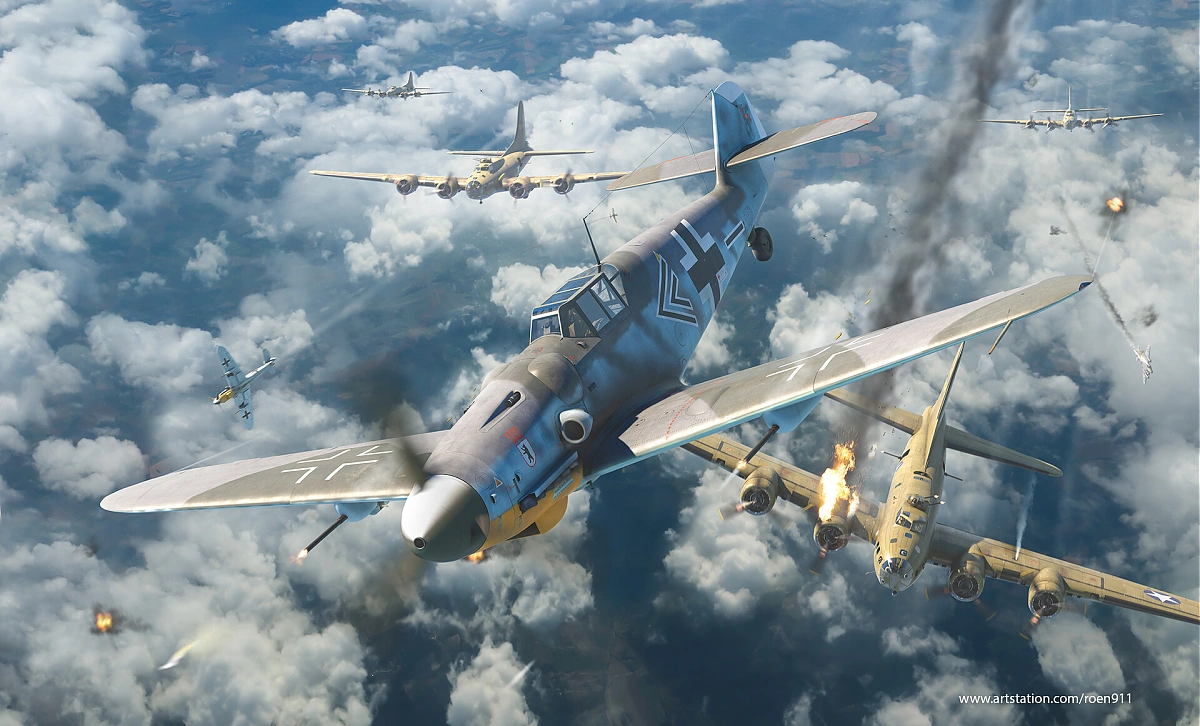 Bf 109 G-6/R6, Jagdgeschwader 27, II. Gruppe, Stab, Deutschland, Doppelwinkel, Die künstlerische Szene stellt einen Luftkampf mit alliierten amerikanischen …