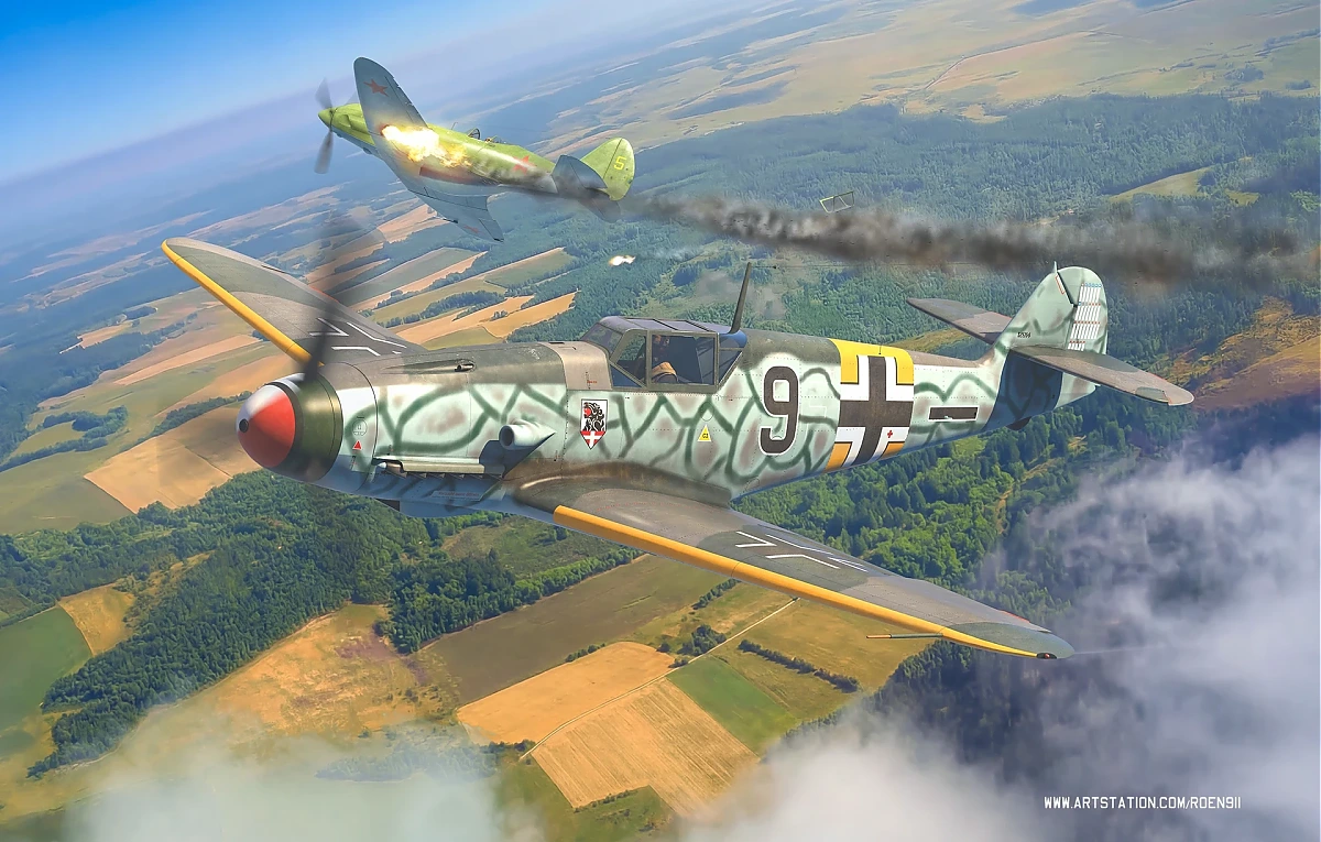 Bf 109 F-2, Lt. Josef "Joschi" Pöhs, Jagdgeschwader 54, II. Gruppe, 5. Staffel, Deutschland, schwarze 9, Künstlerische Darstellung von einem Luftkampf über der Ostfront.
Die Angabe …