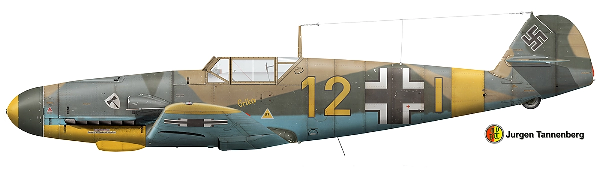 Bf 109 F-4, Jagdgeschwader 3, III. Gruppe, 9. Staffel, Deutschland, gelbe 12, Die Maschine wurde von den Russen erbeutet.
