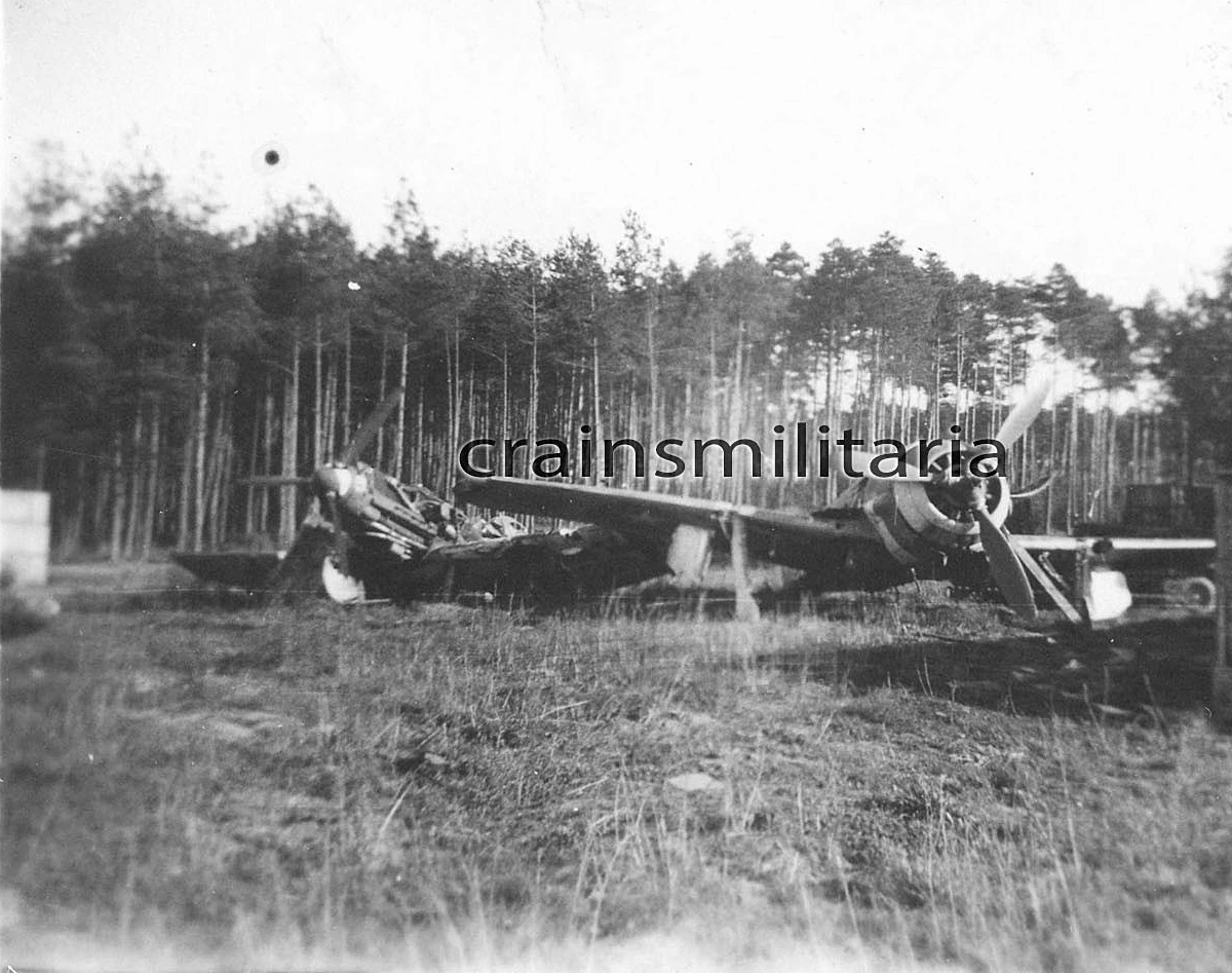 Bf 109 E, Jagdgeschwader 104, II. Gruppe, Deutschland, Roth (Deutschland), Beutewrack in Roth nach Einnahme durch alliierte Truppen. Die Einheit ist ein…