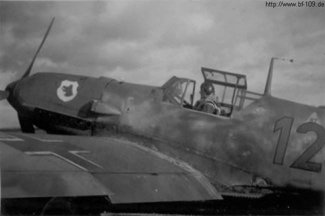 Bf 109 E, Jagdgeschwader 77, III. Gruppe, 9. Staffel, Deutschland, braune 12, Morlaix (Frankreich)