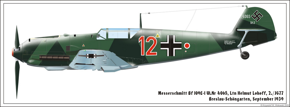 Bf 109 E-1, Lt. Helmut Lohoff, Jagdgeschwader 77, I. Gruppe, 2. Staffel, Deutschland, rote 12, W.Nr. 4 065