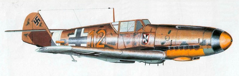 Bf 109 F-4/Trop, Jagdgeschwader 3, II. Gruppe, 6. Staffel, Deutschland, gelbe 12, Sizilien, Anfang 1942.