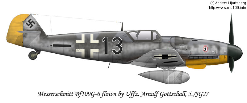 Bf 109 G-6/R3, Uffz. Arnulf Gottschall, Jagdgeschwader 27, II. Gruppe, 5. Staffel, Deutschland, schwarze 13, November 1943 im Raum Frankfurt/Main.

Siehe dazu auch das Foto:
[thumb]48…