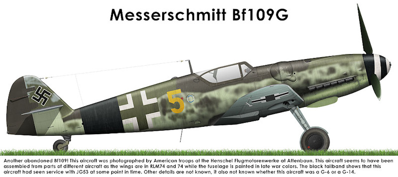 Bf 109 G, Jagdgeschwader 53, I. Gruppe, 3. Staffel, Deutschland, gelbe 5, Altenbauna (Deutschland), Ort: Henschel Flugmotorenwerke, Altenbauna bei Kassel

Das Profil ist nach …