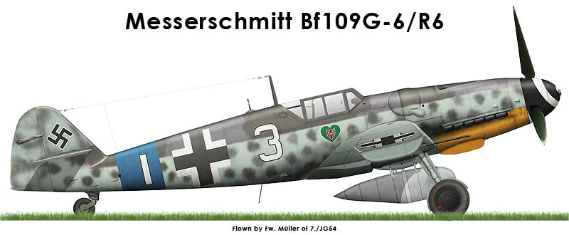 Bf 109 G-6/R3/R6, Fw. Müller, Jagdgeschwader 54, III. Gruppe, 7. Staffel, Deutschland, weisse 3, Die Maschine machte vermutlich am 08. April 1944, aber auf jeden Fall bei Suh…