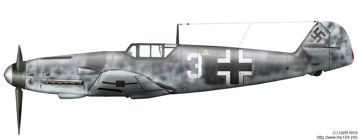 Bf 109 G-2, Fw. Josef Sommeregger, Jagdgeschwader 5, I. Gruppe, 1. Staffel, Deutschland, weisse 3, W.Nr. 14 055, Die Maschine ging am 30.07.1943 im Egersund (Norwegen) bei einer Notwasserung…